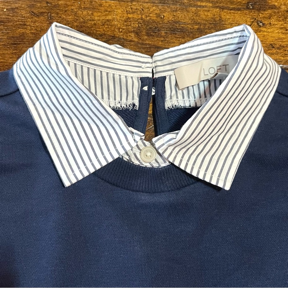 Loft Mixed Media Sweatshirt Women XS Petite Navy Striped Layered Preppy Classic - Picture 5 of 12